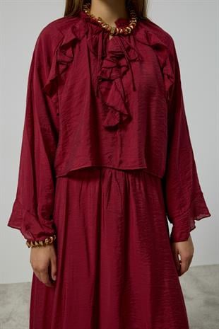 Poppy Büzgülü Volanlı Takım  - Bordo