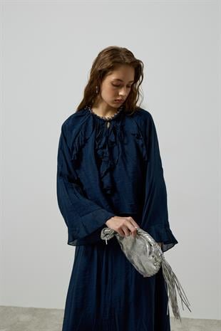 Poppy Büzgülü Volanlı Takım - Lacivert