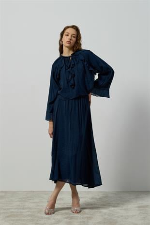 Poppy Büzgülü Volanlı Takım - Lacivert