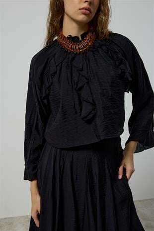 Poppy Büzgülü Volanlı Takım - Siyah