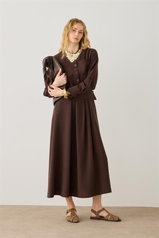 Princess Pileli Kuşaklı Elbise - Acı kahve