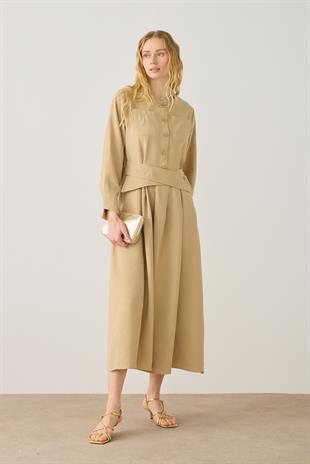 Princess Pileli Kuşaklı Elbise - Camel