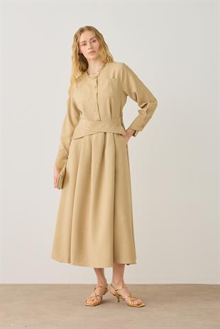 Princess Pileli Kuşaklı Elbise - Camel