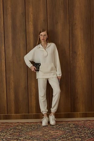 Reneta Çıtçıtlı Kapüşonlu Modal Takım - Ekru