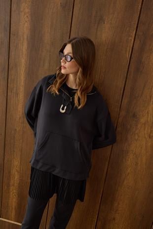 Reneta Çıtçıtlı Kapüşonlu Modal Takım - Siyah