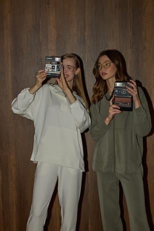 Reneta Çıtçıtlı Kapüşonlu Modal Takım - Ekru