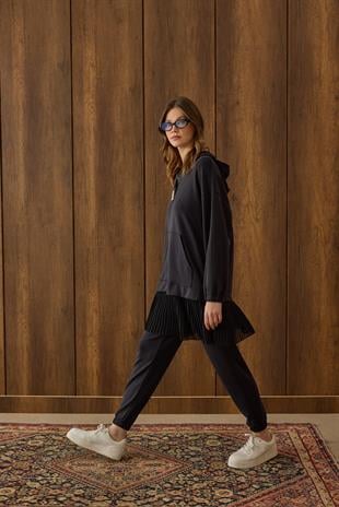 Reneta Çıtçıtlı Kapüşonlu Modal Takım - Siyah