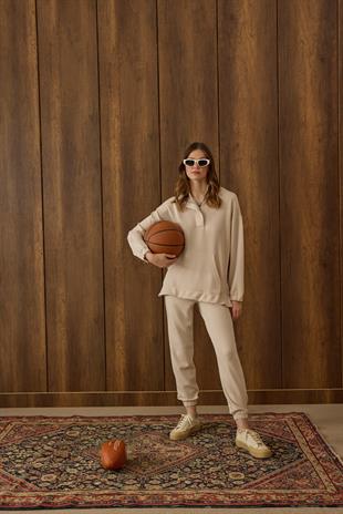 Reneta Çıtçıtlı Kapüşonlu Modal Takım - Bej