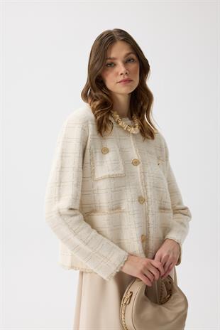 Rivera Gold Geçişli Angora Hırka - Krem 