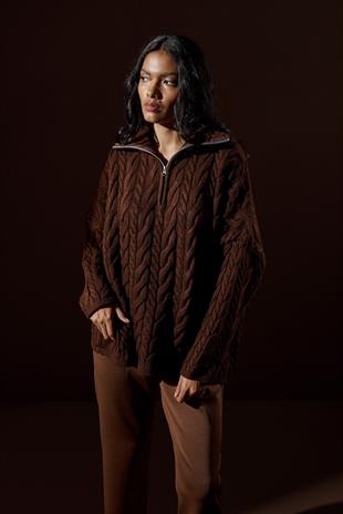 Robina Saç Örgülü Fermuarlı Kazak-Acı kahve