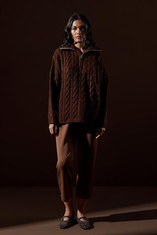 Robina Saç Örgülü Fermuarlı Kazak-Acı kahve