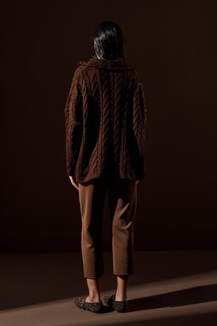 Robina Saç Örgülü Fermuarlı Kazak-Acı kahve