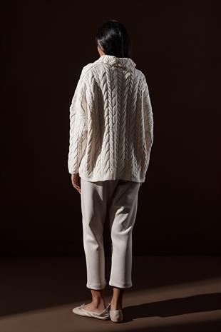 Robina Saç Örgülü Fermuarlı Kazak-Açık bej