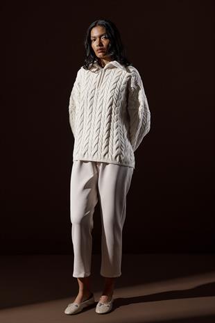 Robina Saç Örgülü Fermuarlı Kazak-Açık bej