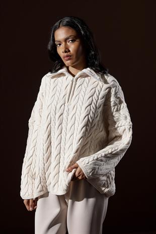 Robina Saç Örgülü Fermuarlı Kazak-Açık bej