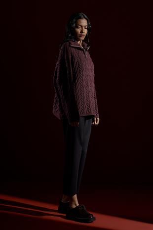 Robina Saç Örgülü Fermuarlı Kazak- Bordo