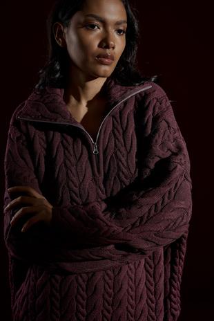 Robina Saç Örgülü Fermuarlı Kazak- Bordo