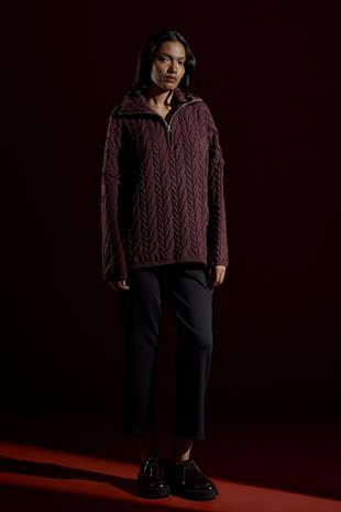 Robina Saç Örgülü Fermuarlı Kazak- Bordo