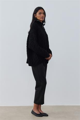 Robina Saç Örgülü Fermuarlı Kazak-Siyah