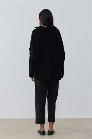 Robina Saç Örgülü Fermuarlı Kazak-Siyah