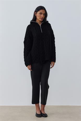 Robina Saç Örgülü Fermuarlı Kazak-Siyah