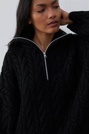 Robina Saç Örgülü Fermuarlı Kazak-Siyah