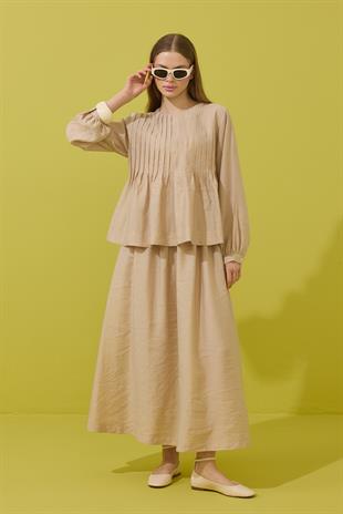 Roma Nervürlü Pileli Modal Takım - Bej