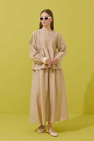 Roma Nervürlü Pileli Modal Takım - Bej