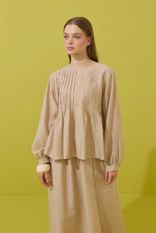 Roma Nervürlü Pileli Modal Takım - Bej