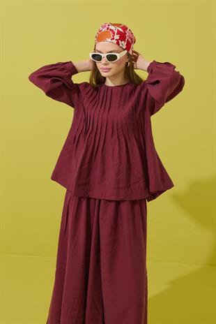 Roma Nervürlü Pileli Modal Takım - Bordo 