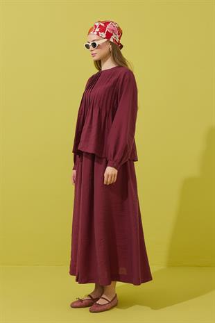 Roma Nervürlü Pileli Modal Takım - Bordo 