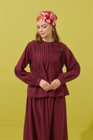 Roma Nervürlü Pileli Modal Takım - Bordo 