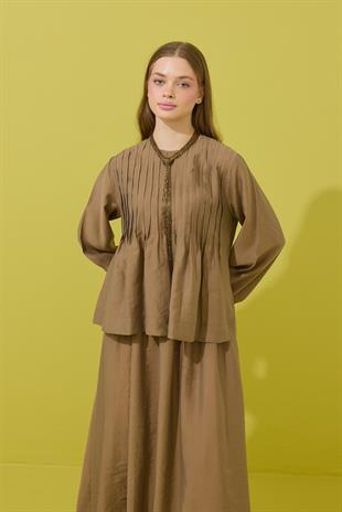 Roma Nervürlü Pileli Modal Takım - Camel 