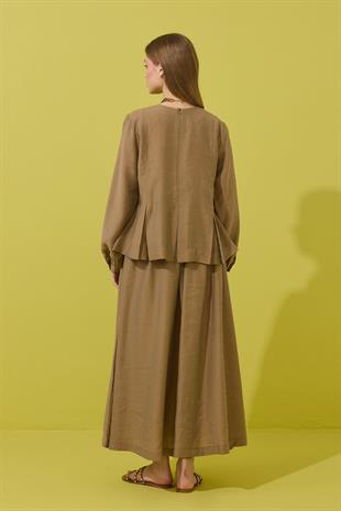 Roma Nervürlü Pileli Modal Takım - Camel 