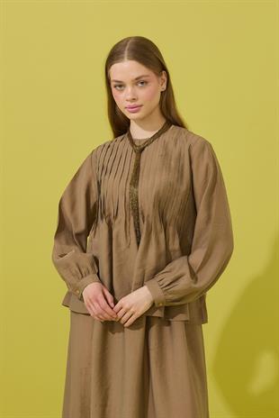 Roma Nervürlü Pileli Modal Takım - Camel 