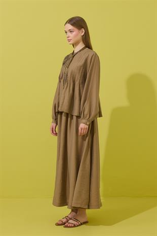 Roma Nervürlü Pileli Modal Takım - Camel 