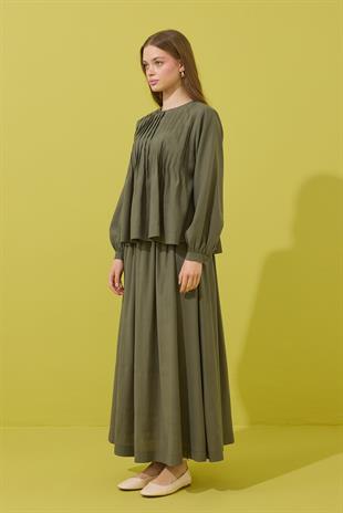 Roma Nervürlü Pileli Modal Takım - Haki 