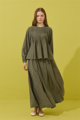 Roma Nervürlü Pileli Modal Takım - Haki 