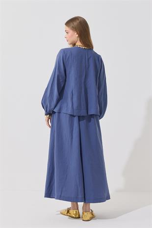 Roma Nervürlü Pileli Modal Takım - İndigo Mavi 