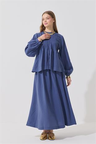 Roma Nervürlü Pileli Modal Takım - İndigo Mavi 