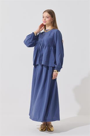 Roma Nervürlü Pileli Modal Takım - İndigo Mavi 