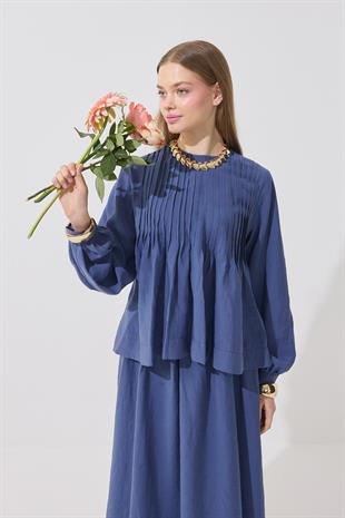 Roma Nervürlü Pileli Modal Takım - İndigo Mavi 