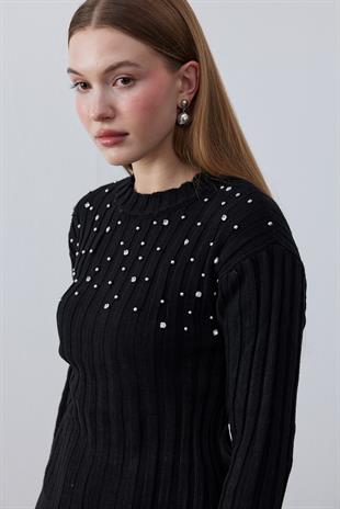 Roman Taş İşlemeli Fitilli Kazak - Siyah 