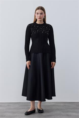 Roman Taş İşlemeli Fitilli Kazak - Siyah 