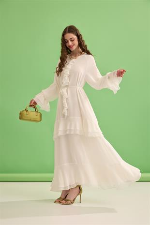 Romance Volanlı Şifon Elbise - Beyaz