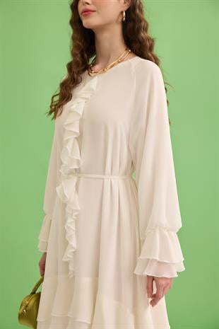 Romance Volanlı Şifon Elbise - Beyaz