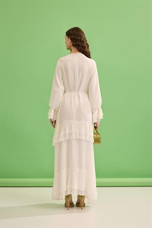 Romance Volanlı Şifon Elbise - Beyaz