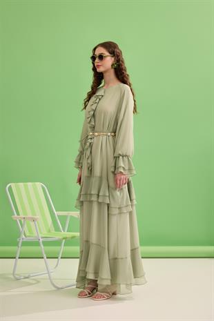 Romance Volanlı Şifon Elbise - Mint yeşil 