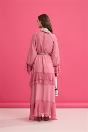 Romance Volanlı Şifon Elbise - Pembe