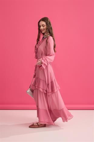 Romance Volanlı Şifon Elbise - Pembe